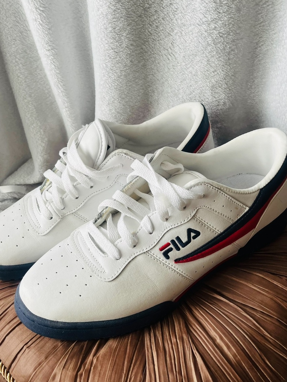 FILA White Leather Low-Top Sneakers with Navy & Red Trim